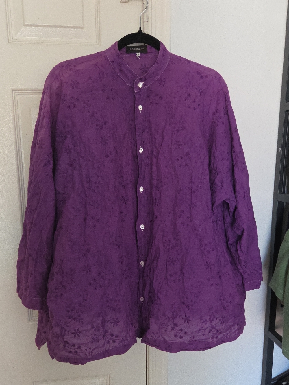 Eskandar Cotton Purple Button-Front Floral Embroidered Tunic Size 1